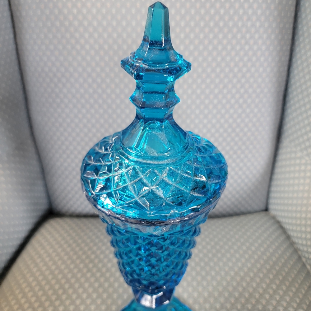 Vintage Indiana Glass Blue Diamond Point Apothecary Jar - Picture 3 of 7